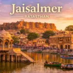 Jaisalmer Fort and Gadisar Lake at sunset showcasing the Golden City of Rajasthan