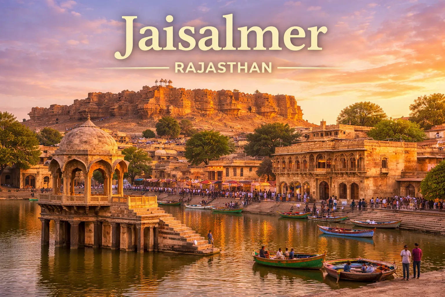 Jaisalmer Fort and Gadisar Lake at sunset showcasing the Golden City of Rajasthan